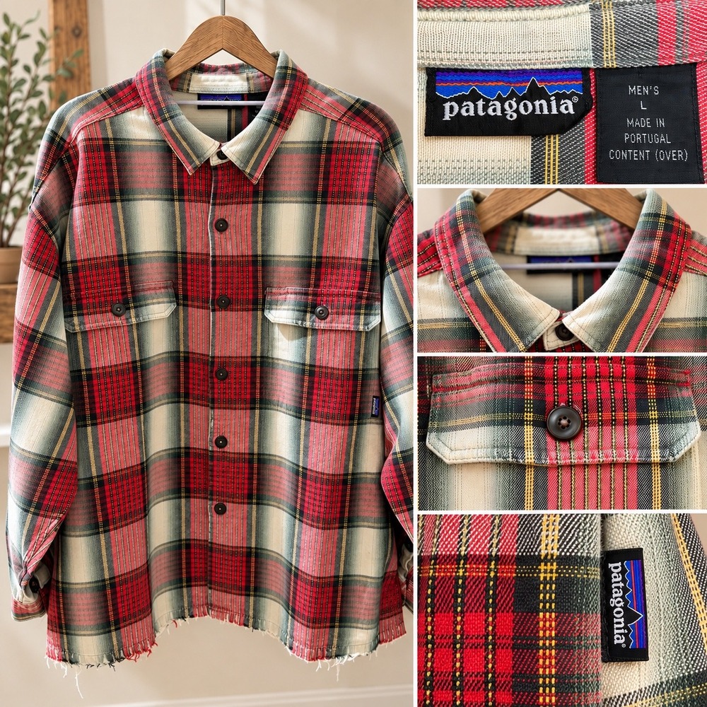 Patagonia Flannel Shirt Lg Red Plaid Cotton Distressed Thrashed Raw Hem Grunge